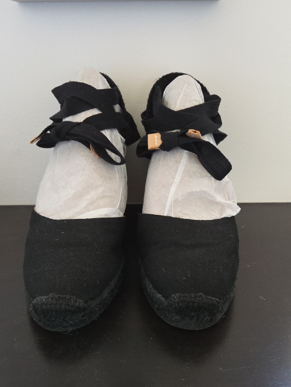Castaner Black Canvas Espadrille Wedge with Ankle Wrap. Size 41